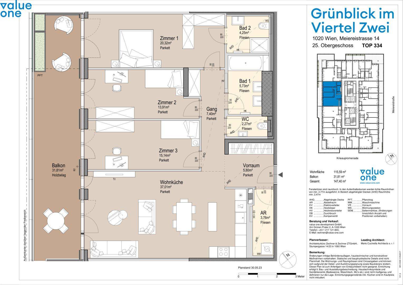 Detaillierter Grundriss einer Wohnung im 25. Obergeschoss mit drei Zimmern, Wohnküche und großem Balkon.