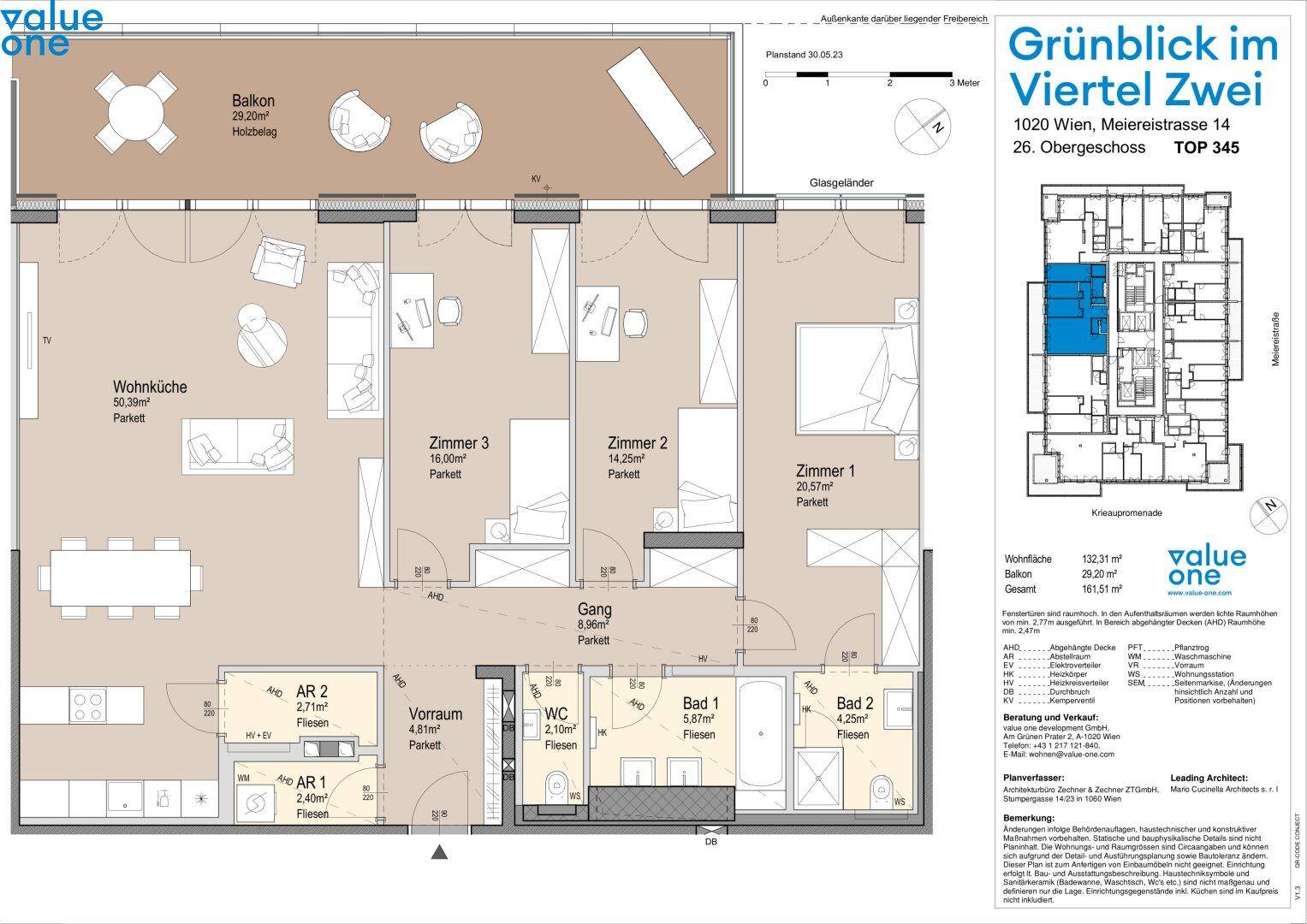 Grundriss einer Wohnung mit Wohnküche, drei Zimmern, zwei Bädern, WC und großem Balkon.