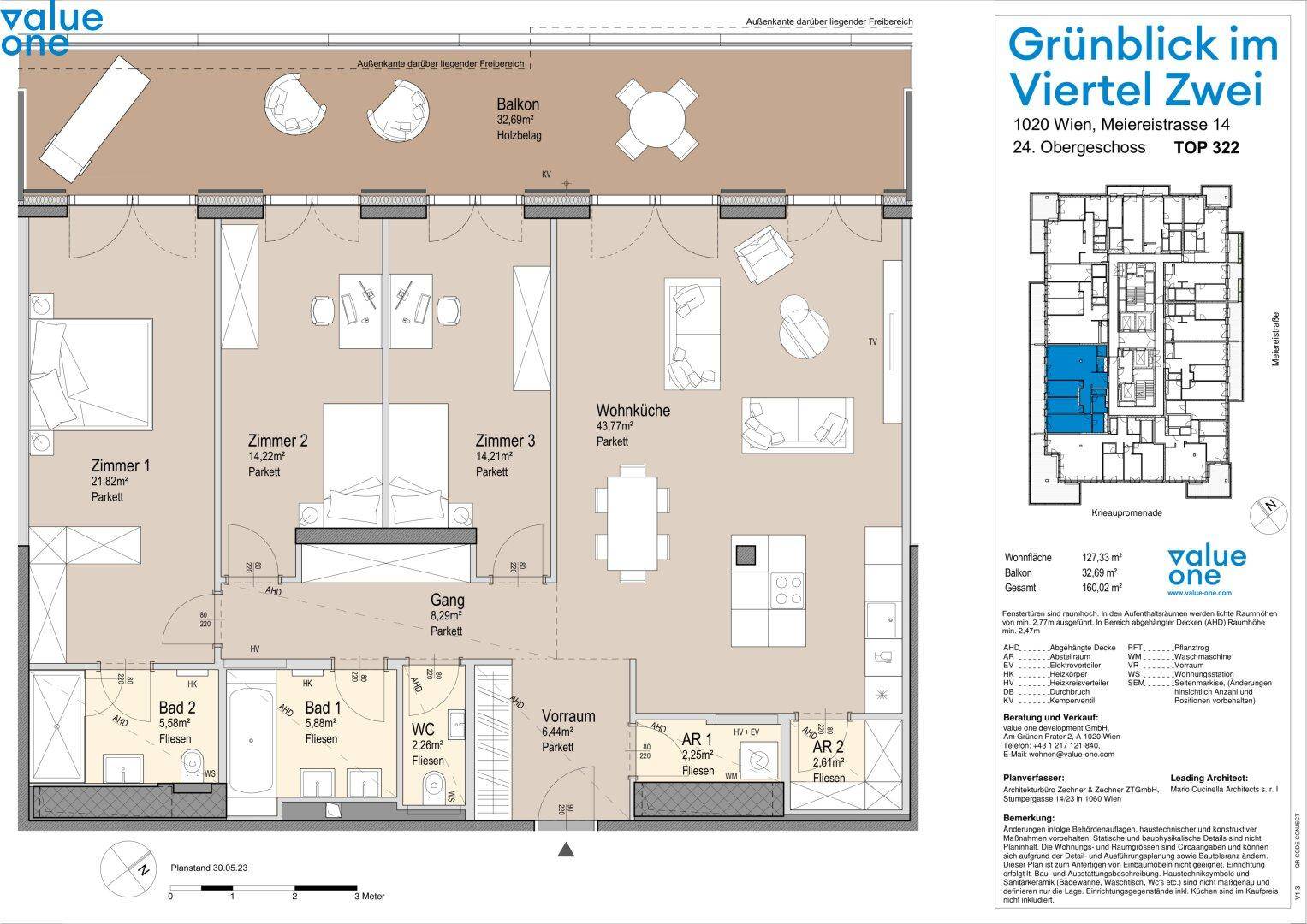 Detaillierter Grundriss einer Wohnung mit drei Zimmern, Balkon und separatem WC.