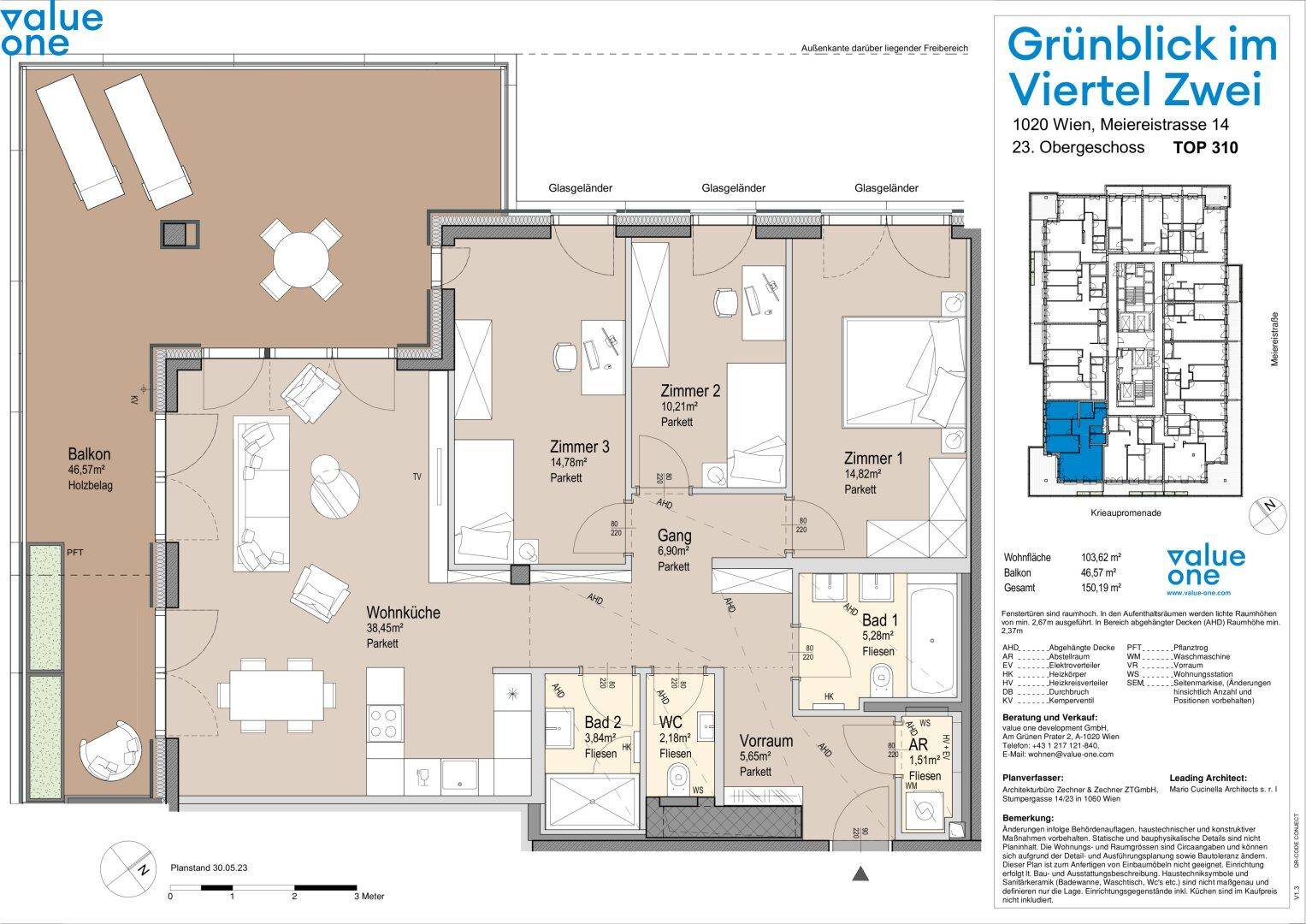 Detaillierter Grundriss einer Wohnung mit drei Zimmern, zwei Bädern und großem Balkon.