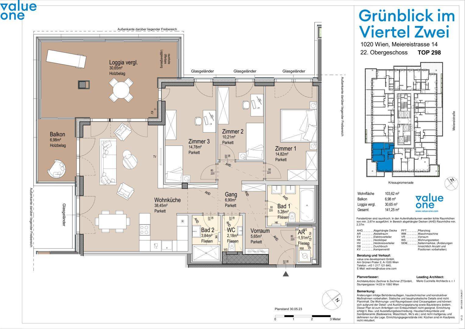 Grundriss einer Wohnung im 22. Obergeschoss mit Loggia, Balkon und drei Zimmern.