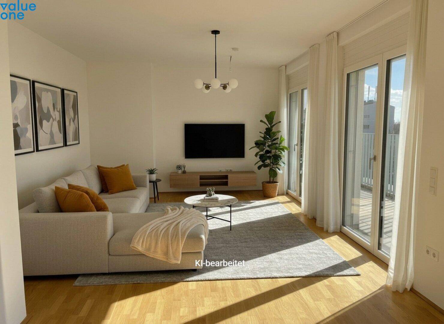 Helles, modernes Wohnzimmer mit beigem Sofa, Holzboden und Zugang zum Balkon.
