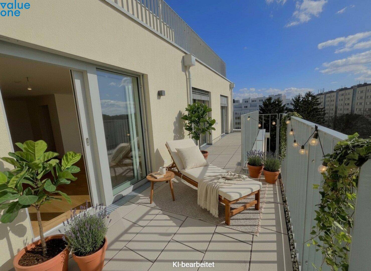 Geräumiger Balkon mit Sonnenliege, Pflanzen und weitem Blick über die Stadt.