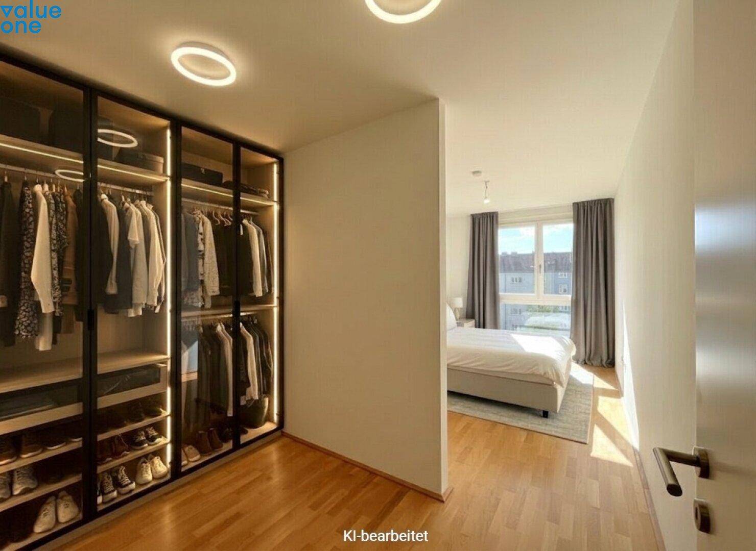 Modernes Schlafzimmer mit integriertem begehbarem Kleiderschrank und Holzboden.