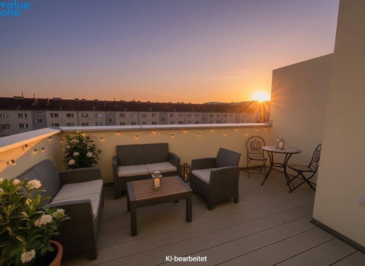 Gemütliche Terrasse mit Loungemöbeln und stimmungsvollem Sonnenuntergang über der Stadt.