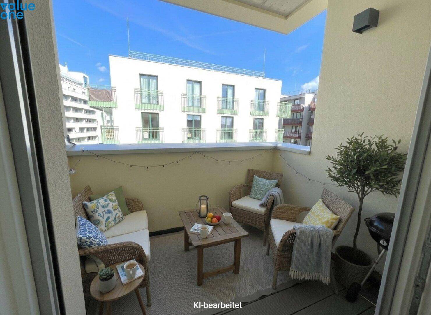 Möblierter Balkon mit Rattan-Sitzgruppe und Blick auf die umliegenden Gebäude der Stadt.
