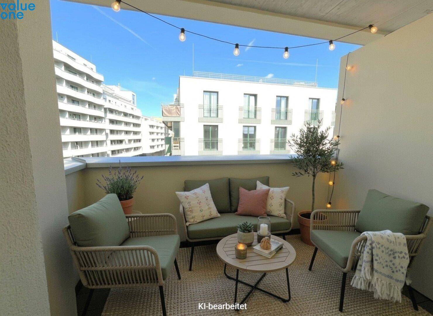 Möblierter Balkon mit gemütlicher Sitzecke und Blick auf die umliegenden Stadtgebäude.