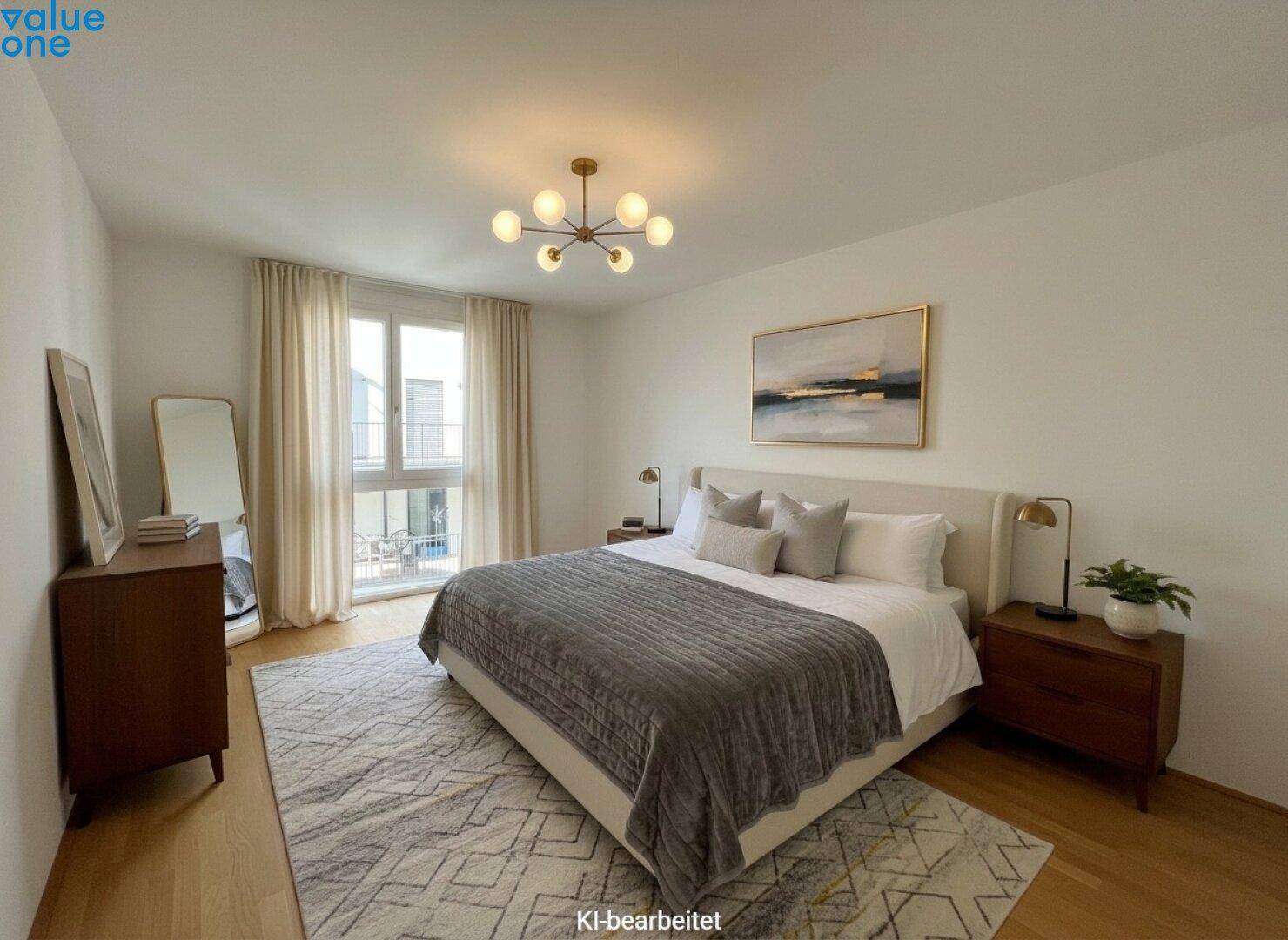 Modernes Schlafzimmer mit Doppelbett, Holzboden und Zugang zu einem französischen Balkon.