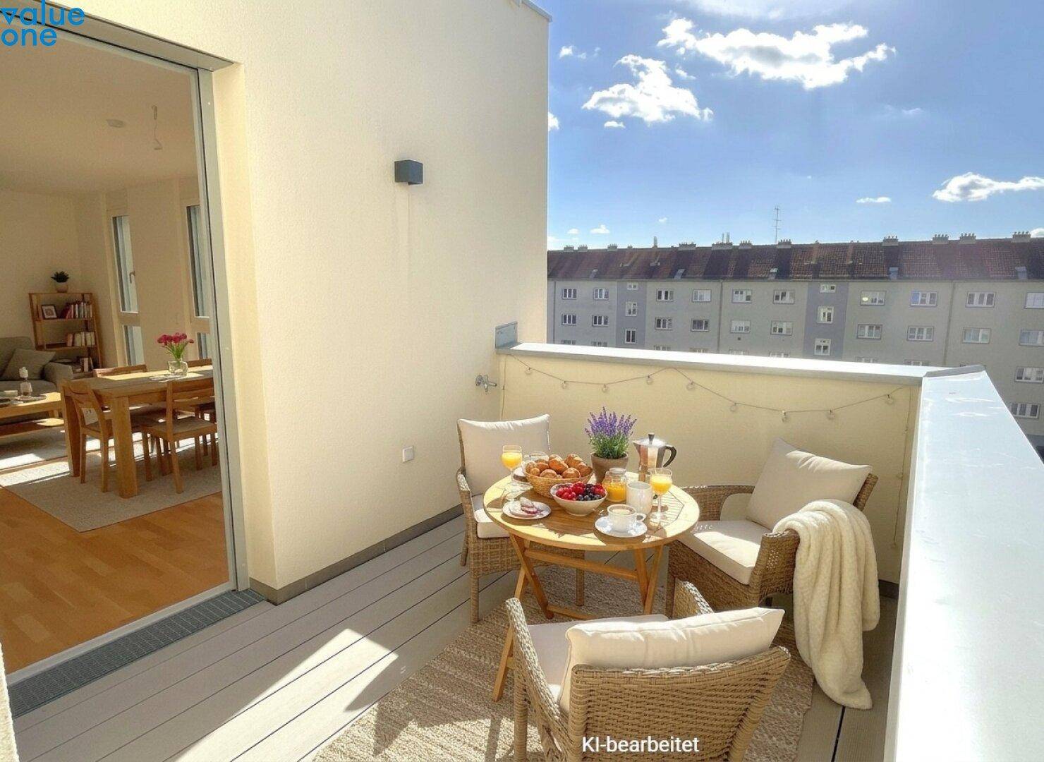 Sonniger Balkon mit Sitzgelegenheiten und Blick auf die umliegende Stadtbebauung.