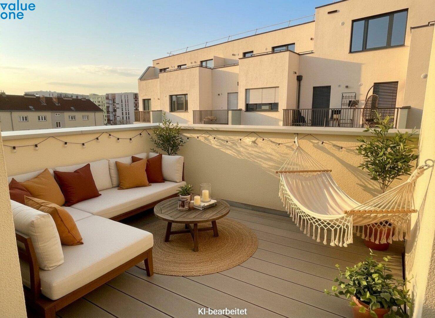 Geräumige Dachterrasse mit Lounge-Möbeln, Hängematte und Blick über die Dächer der Stadt.