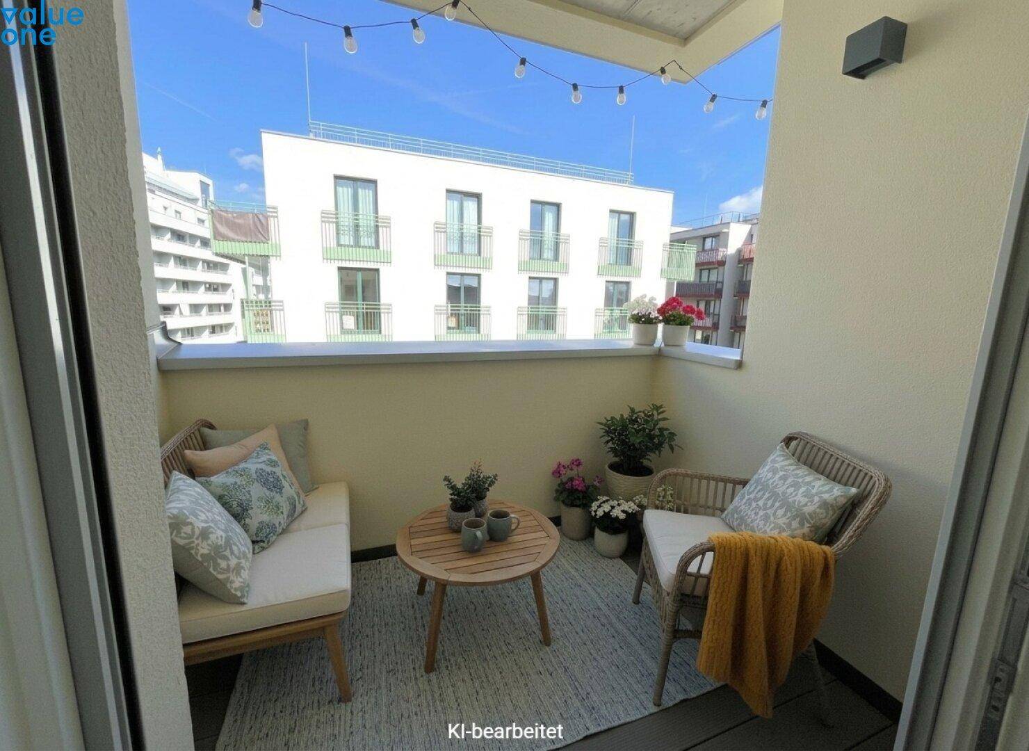 Gemütlicher Balkon mit Sitzgelegenheiten und Blick auf die umliegenden Gebäude, ideal zum Entspannen.