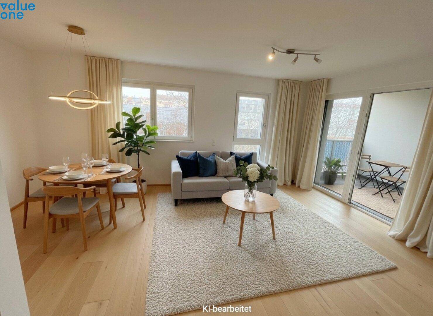Heller Wohn- und Essbereich mit Holzboden, modernem Sofa und Zugang zu einem möblierten Balkon.