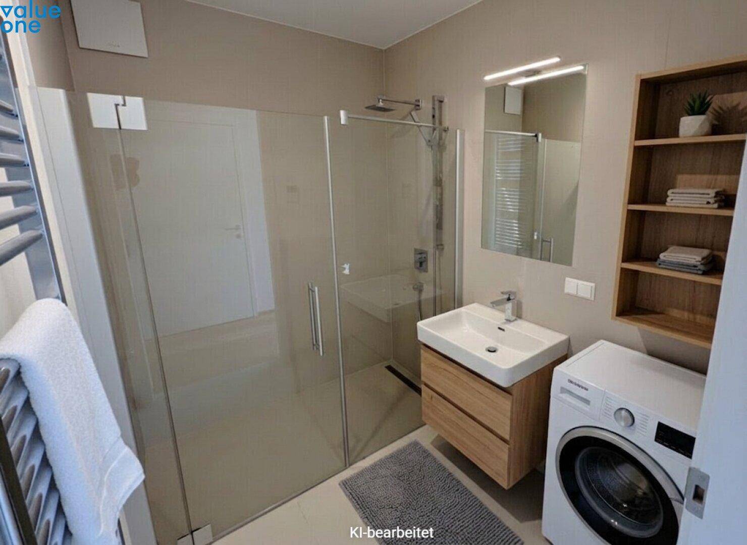 Modernes Badezimmer mit begehbarer Dusche, Holzwaschtisch und integrierter Waschmaschine.