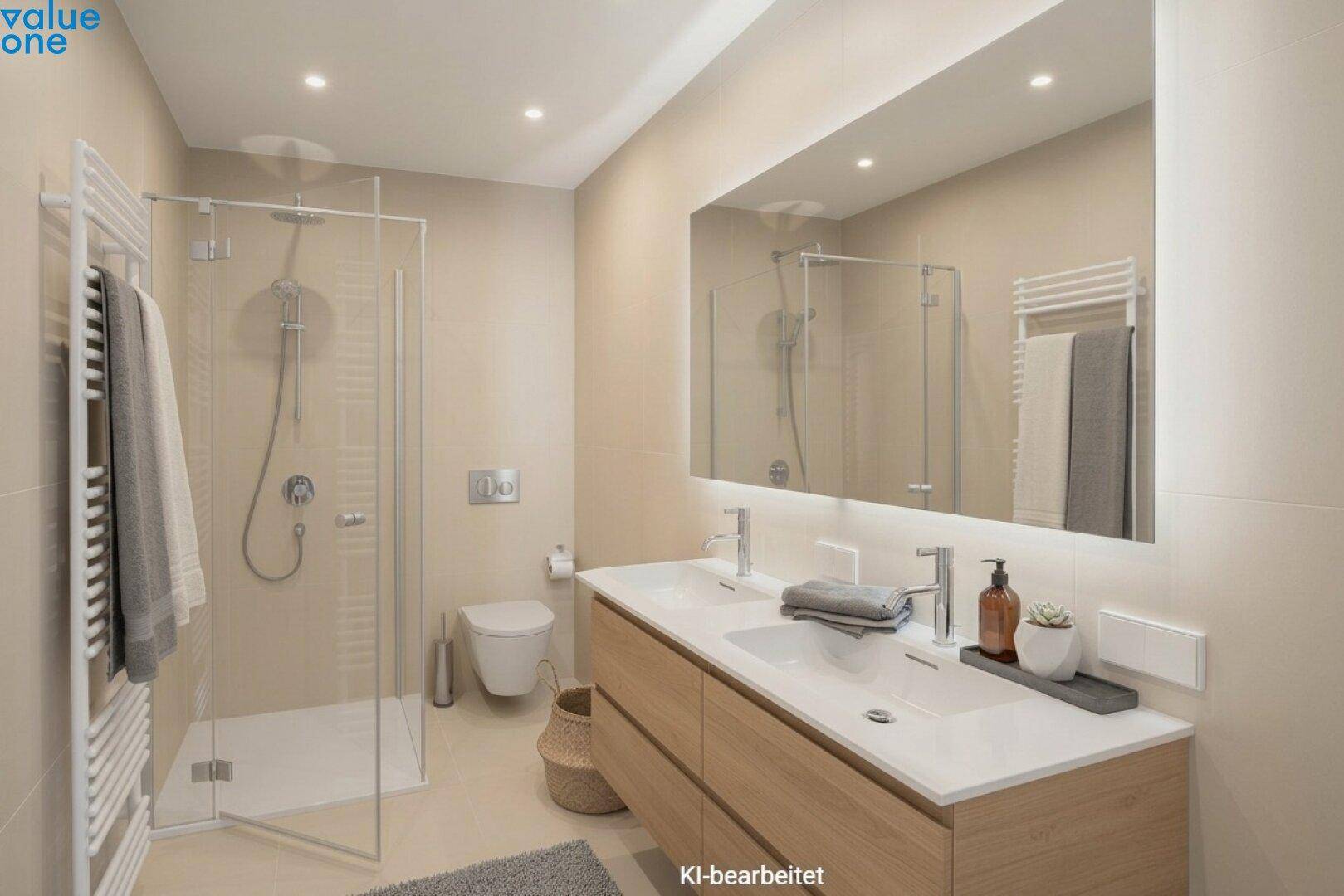 Modernes Badezimmer mit Doppelwaschbecken, großer begehbarer Dusche und beheiztem Handtuchhalter.