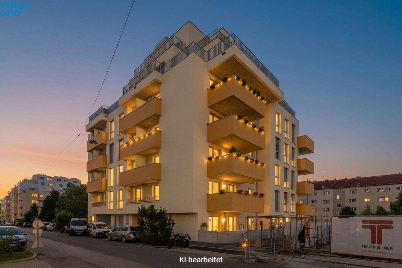 Ansicht der modernen Wohnfassade mit zahlreichen Balkonen und Abendbeleuchtung.