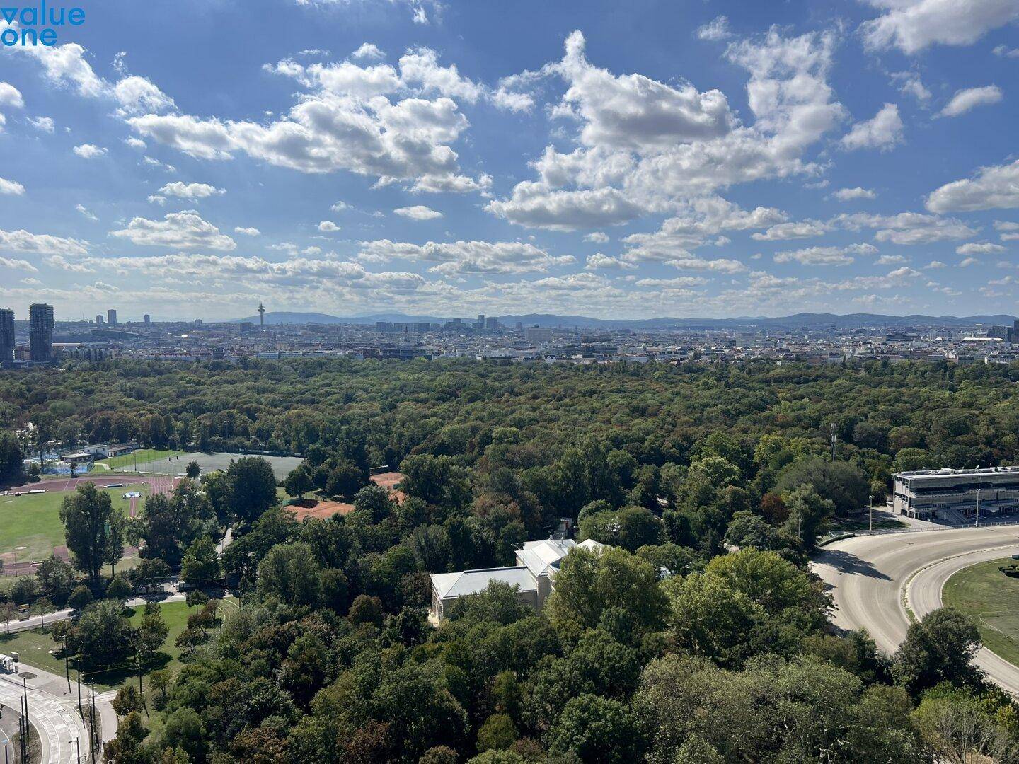 Panoramablick auf eine ausgedehnte Grünfläche und die städtische Silhouette mit hohen Gebäuden.