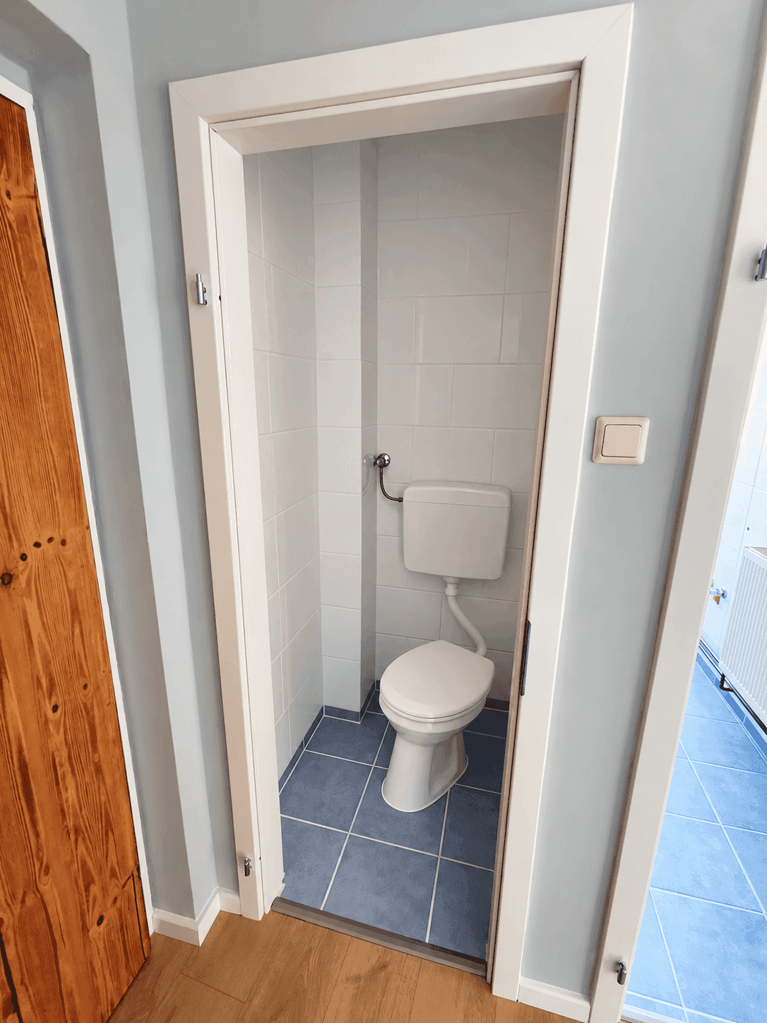 Kleines Gäste-WC mit weißen Wandfliesen und blauem Boden, ausgestattet mit einer Toilette.