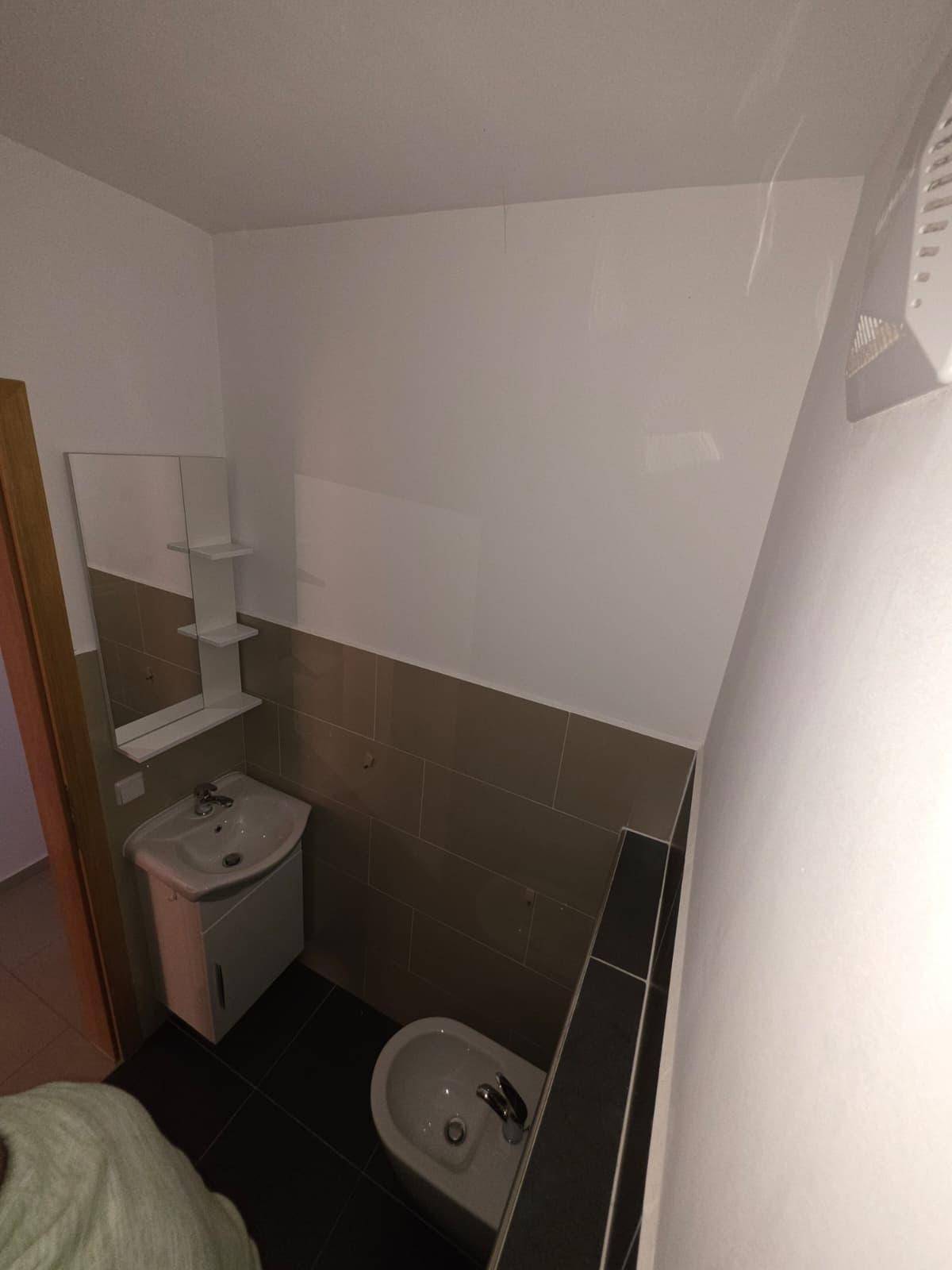Kleines Badezimmer mit Waschtisch, Bidet und Spiegel in modernem Design.