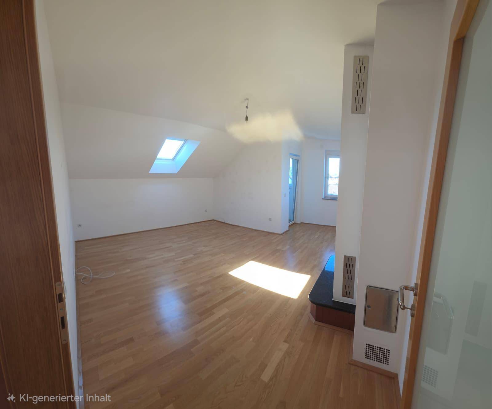 Heller Wohnbereich mit Holzboden, Dachschrägen und einem Dachfenster für natürliches Licht.