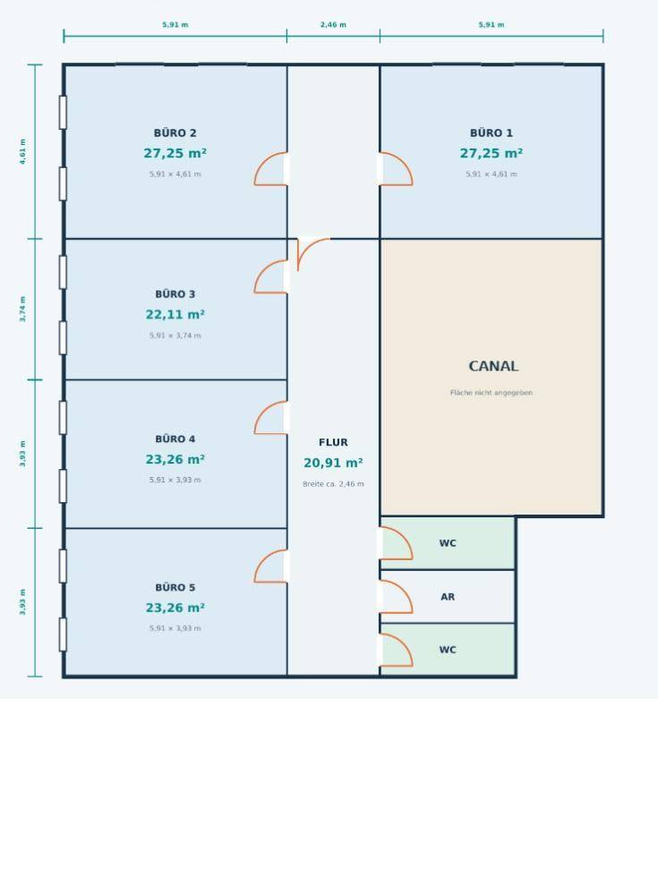 Grundrissplan mit fünf Büroräumen, Flur, Toiletten und Abstellraum, inklusive Flächenangaben in m².