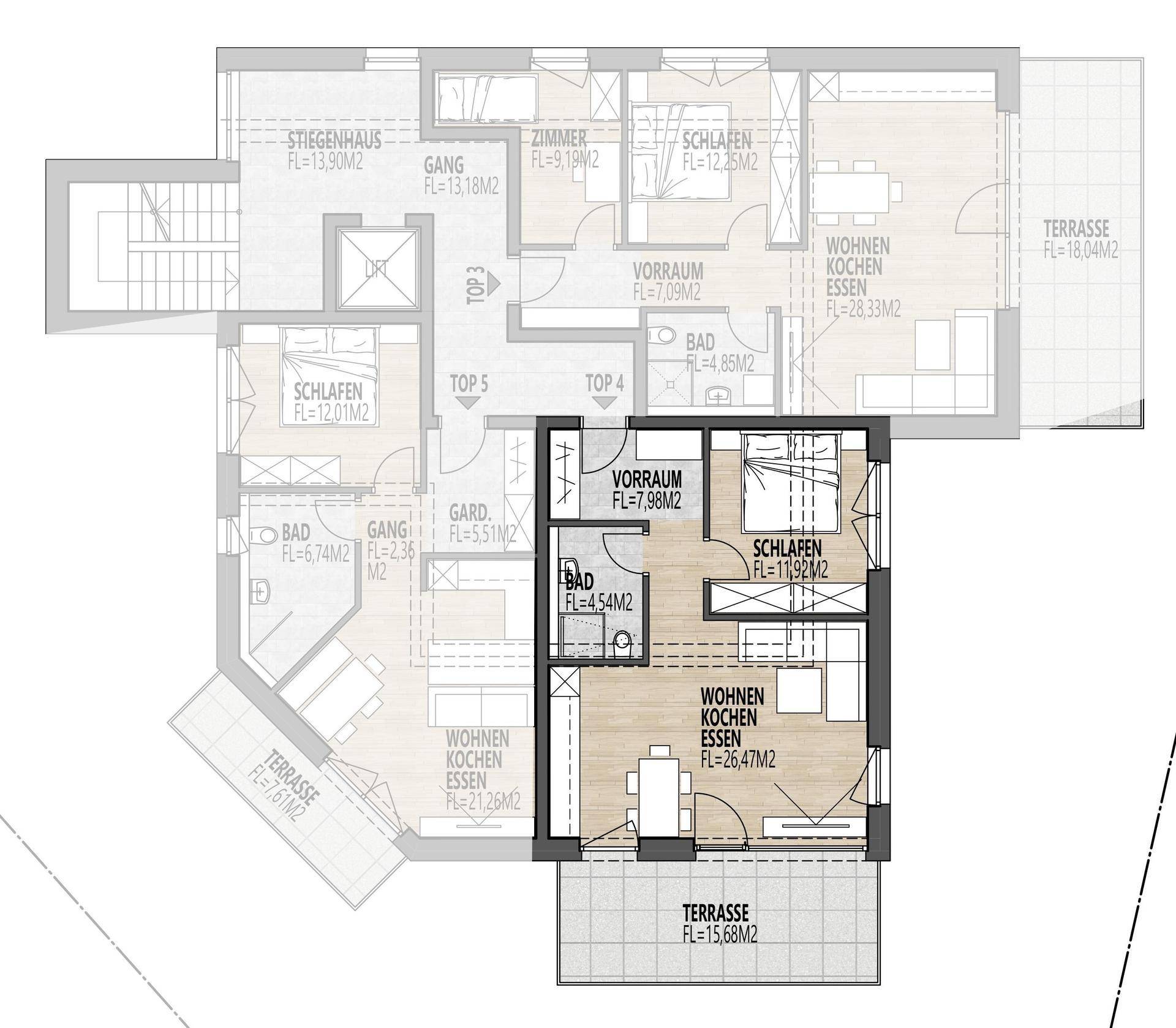 Grundrissplan einer Wohneinheit mit offenem Wohnbereich, Schlafzimmer und Terrasse.