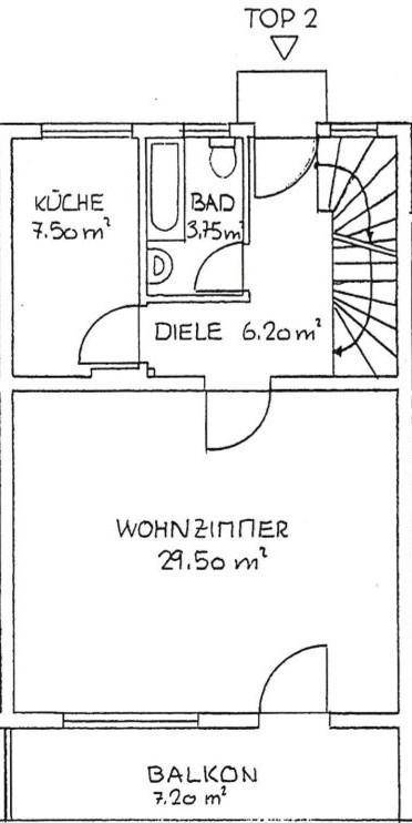 Grundriss der Wohnetage mit Küche, Bad, Wohnzimmer und Balkon.