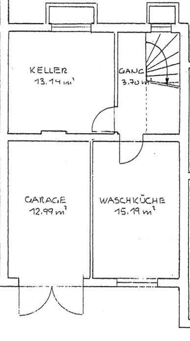 Grundriss des Untergeschosses mit Keller, Garage und Waschküche.