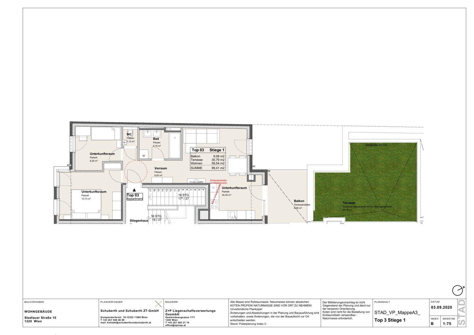 Detaillierter Grundriss der Wohnung mit Balkon, Terrasse und Gartenanteil.