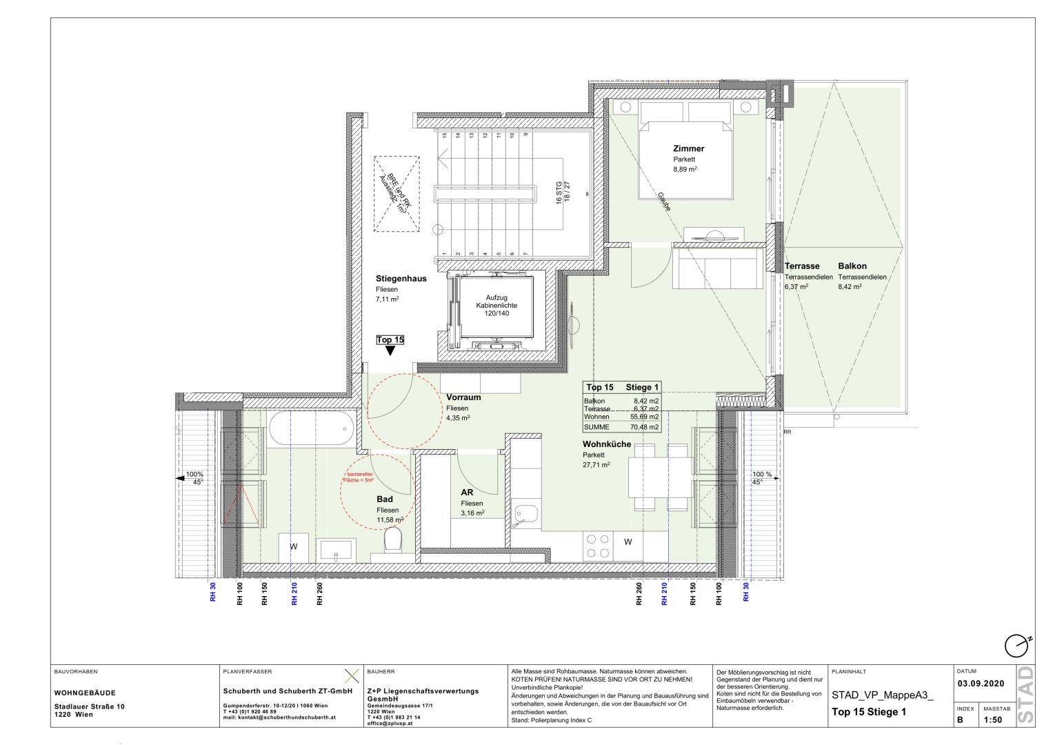 Grundriss einer Wohnung mit Wohnküche, Schlafzimmer, Bad, Abstellraum, Terrasse und Balkon, inklusive Aufzug.