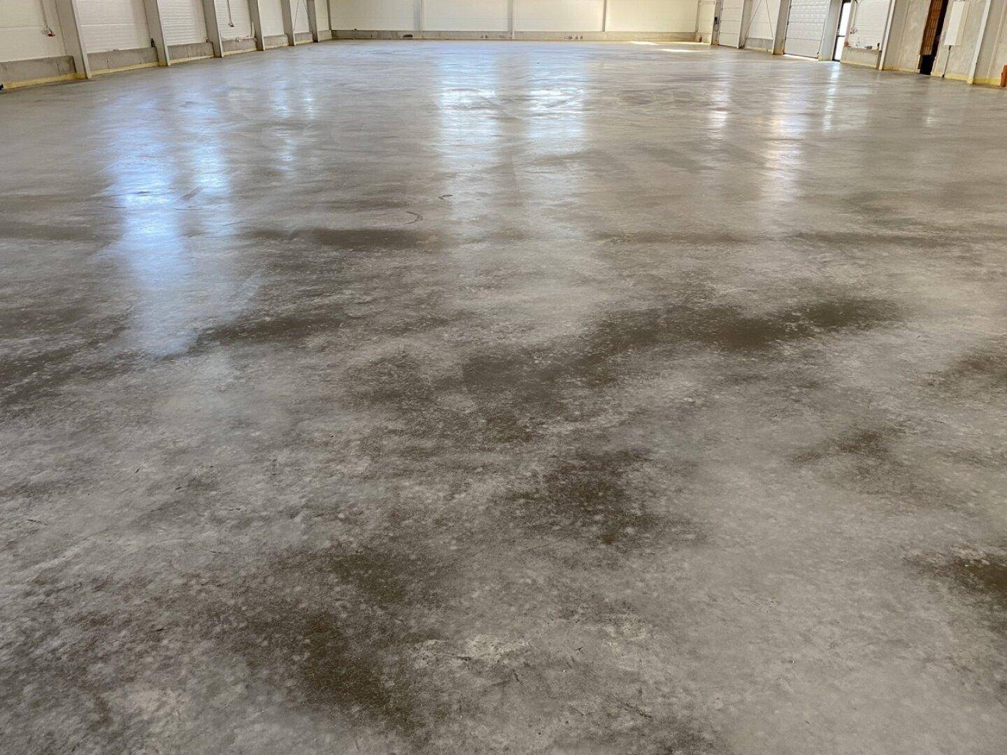 Detailaufnahme des glänzenden Betonbodens in einer großen, leeren Industriehalle mit Lichteinfall.