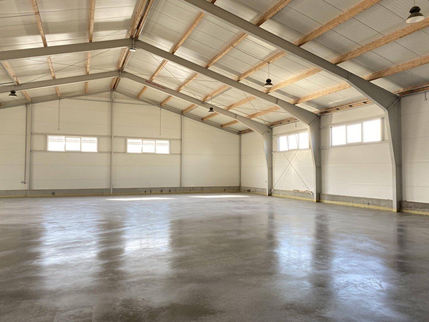 Weitläufiger Innenraum einer Lagerhalle mit Betonboden, hohen Wänden und mehreren Fenstern.