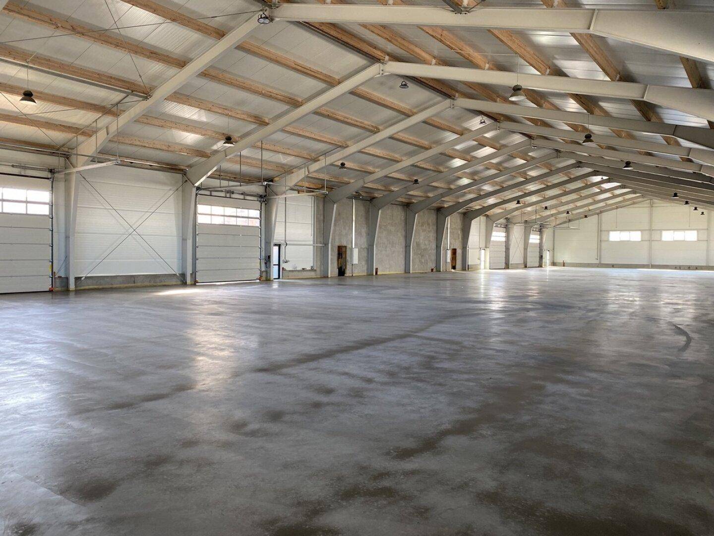 Innenansicht einer weitläufigen Lagerhalle mit Betonboden, hohen Decken und industrieller Ästhetik.