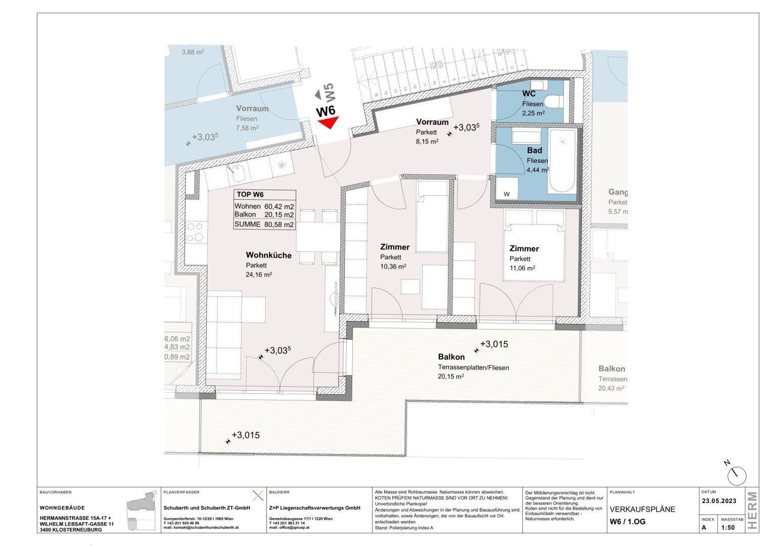 Grundriss der Wohnung W6 im 1. Obergeschoss mit Balkon und separatem WC.