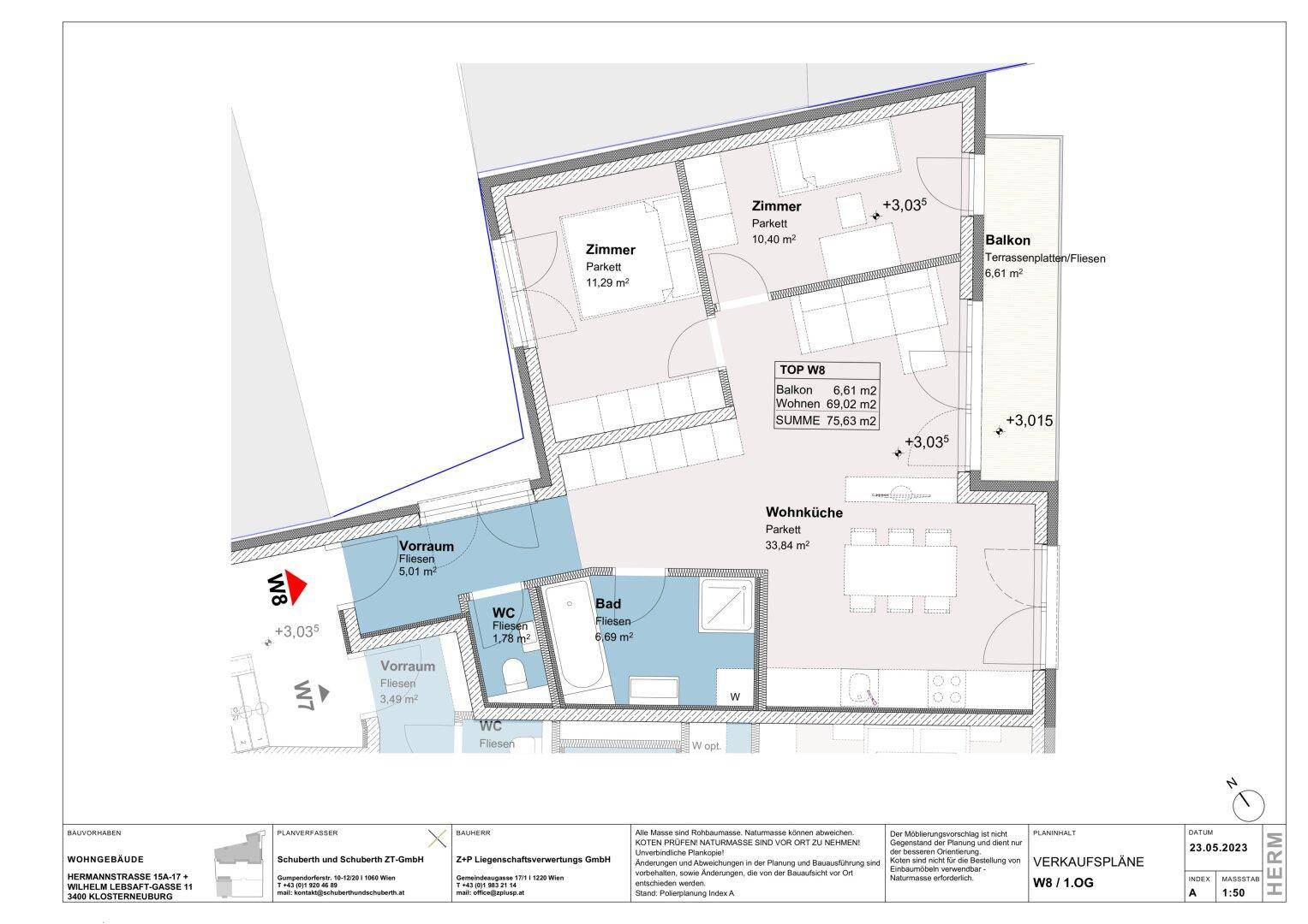 Grundriss einer Wohnung mit Wohnküche, zwei Zimmern, Bad, separatem WC und Balkon.