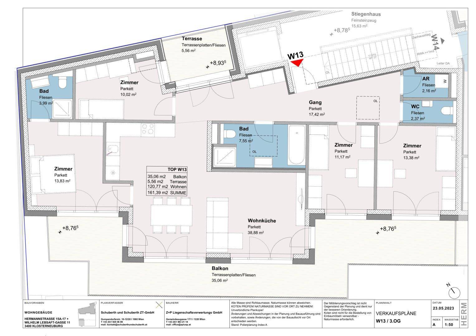 Grundrissplan einer Wohnung mit Wohnküche, zwei Bädern und großzügigem Balkon und Terrasse.