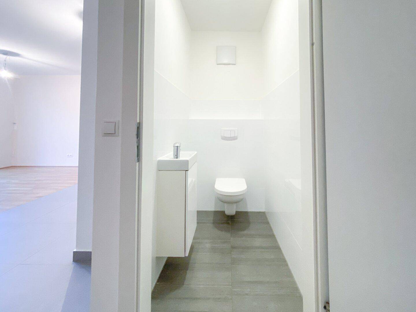 Modernes Gäste-WC mit Wand-WC, kleinem Waschbecken und grauen Fliesen.