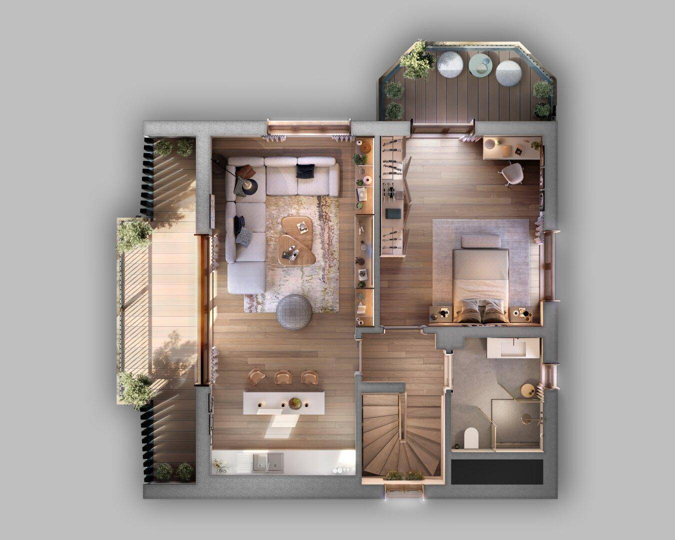 Detaillierter Grundriss einer Etage mit offenem Wohnbereich, Schlafzimmer und Terrasse.