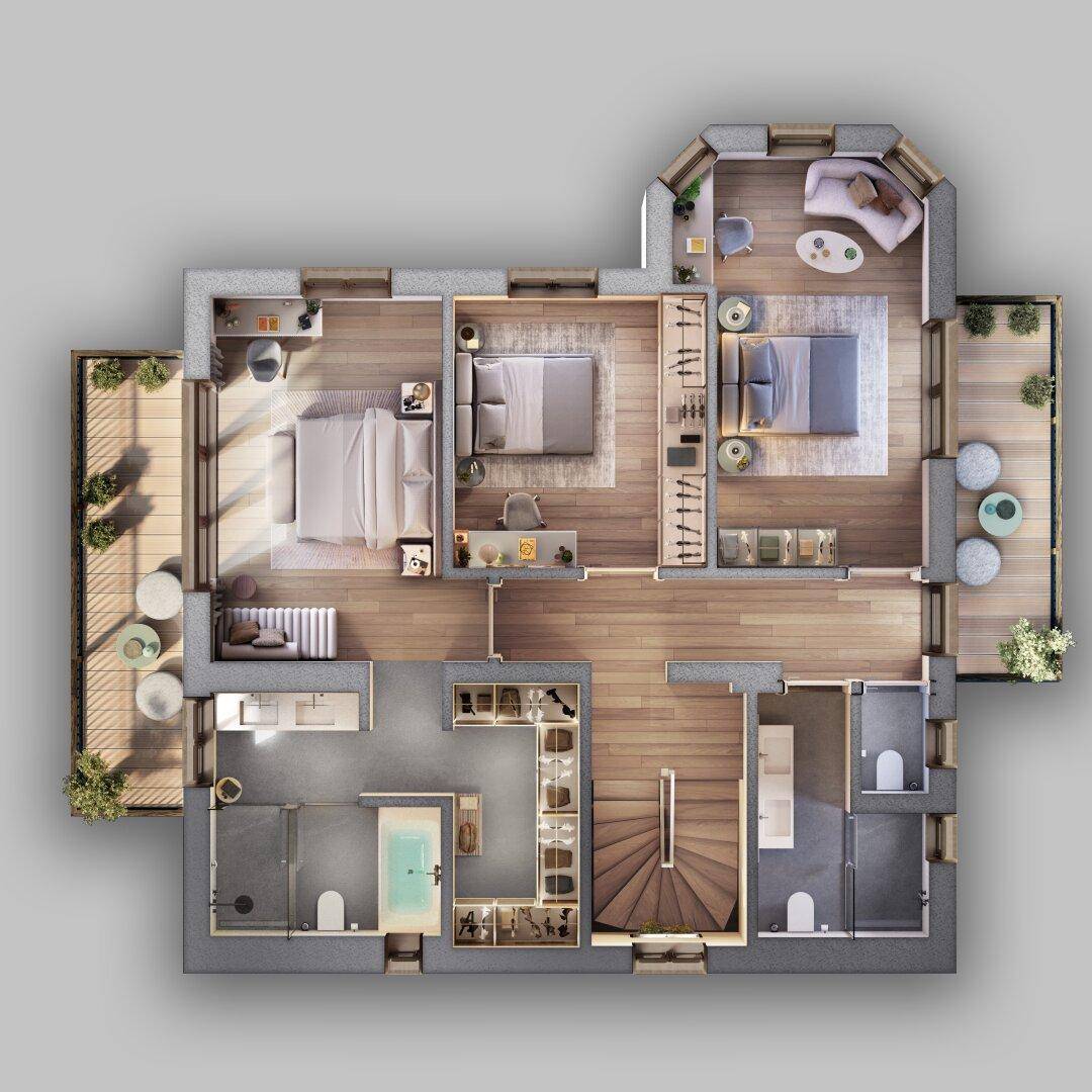 Detaillierter Grundriss einer Etage mit mehreren Schlafzimmern, Bädern und Terrassen.