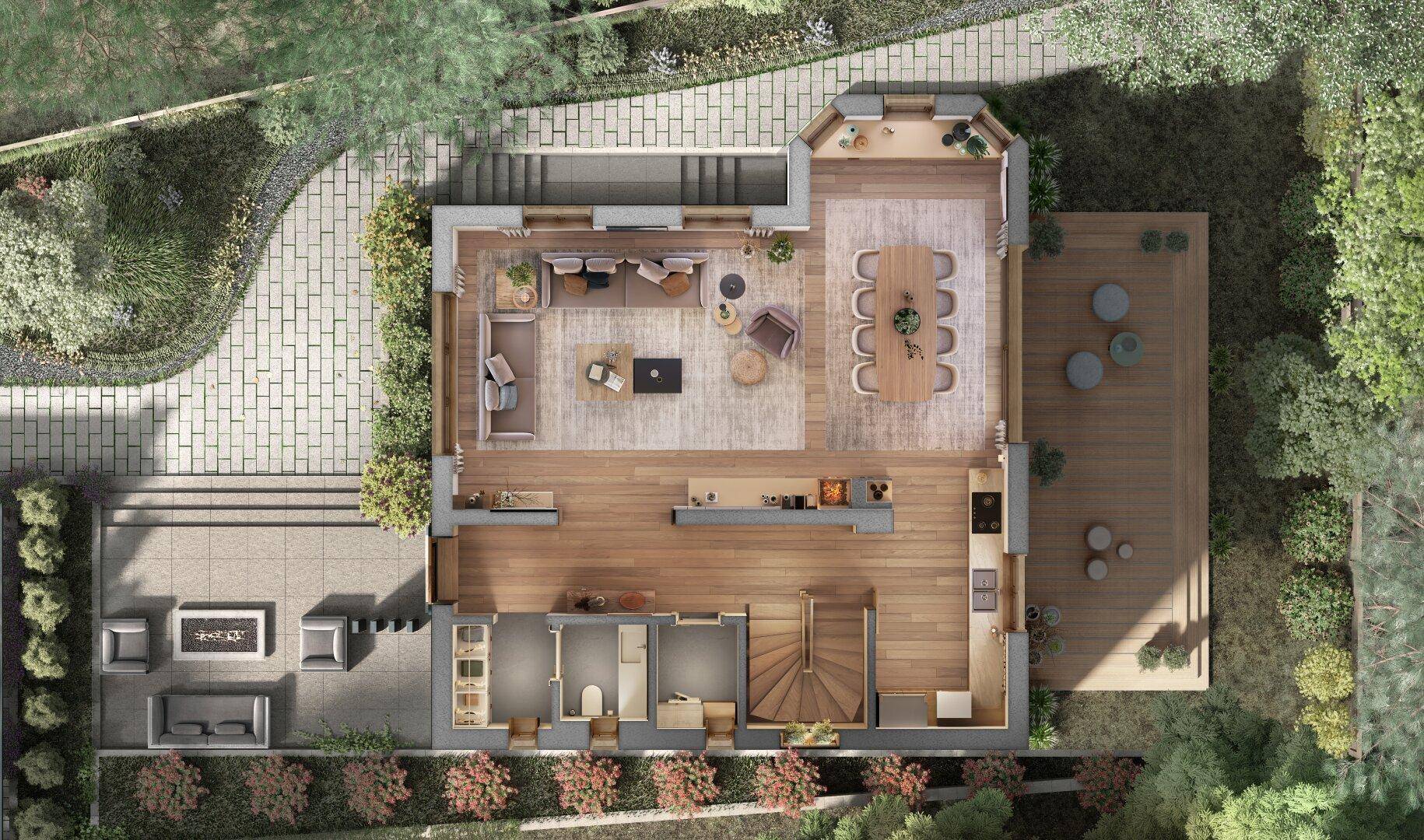 Gesamtansicht des Anwesens mit Garten, Terrassen und detailliertem Grundriss der Hauptebene.