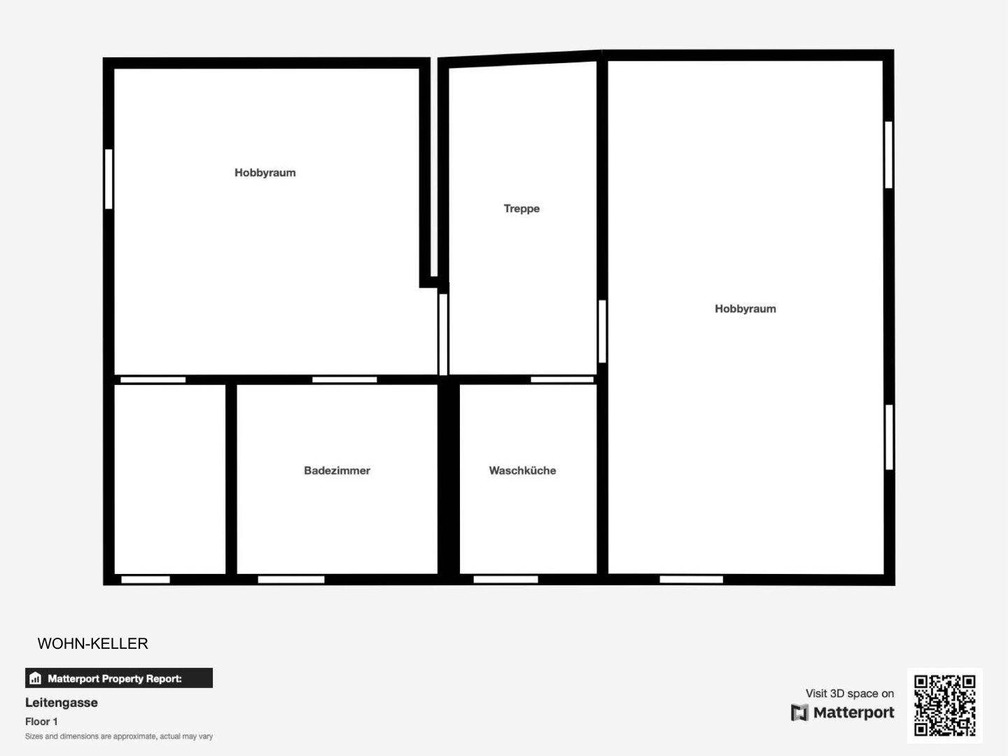 Grundriss des Wohnkellers mit Hobbyräumen, Badezimmer und Waschküche auf der ersten Etage.