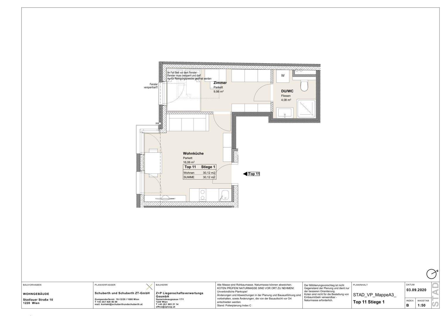 Grundriss einer Wohnung mit Wohnküche, Zimmer und Badezimmer.