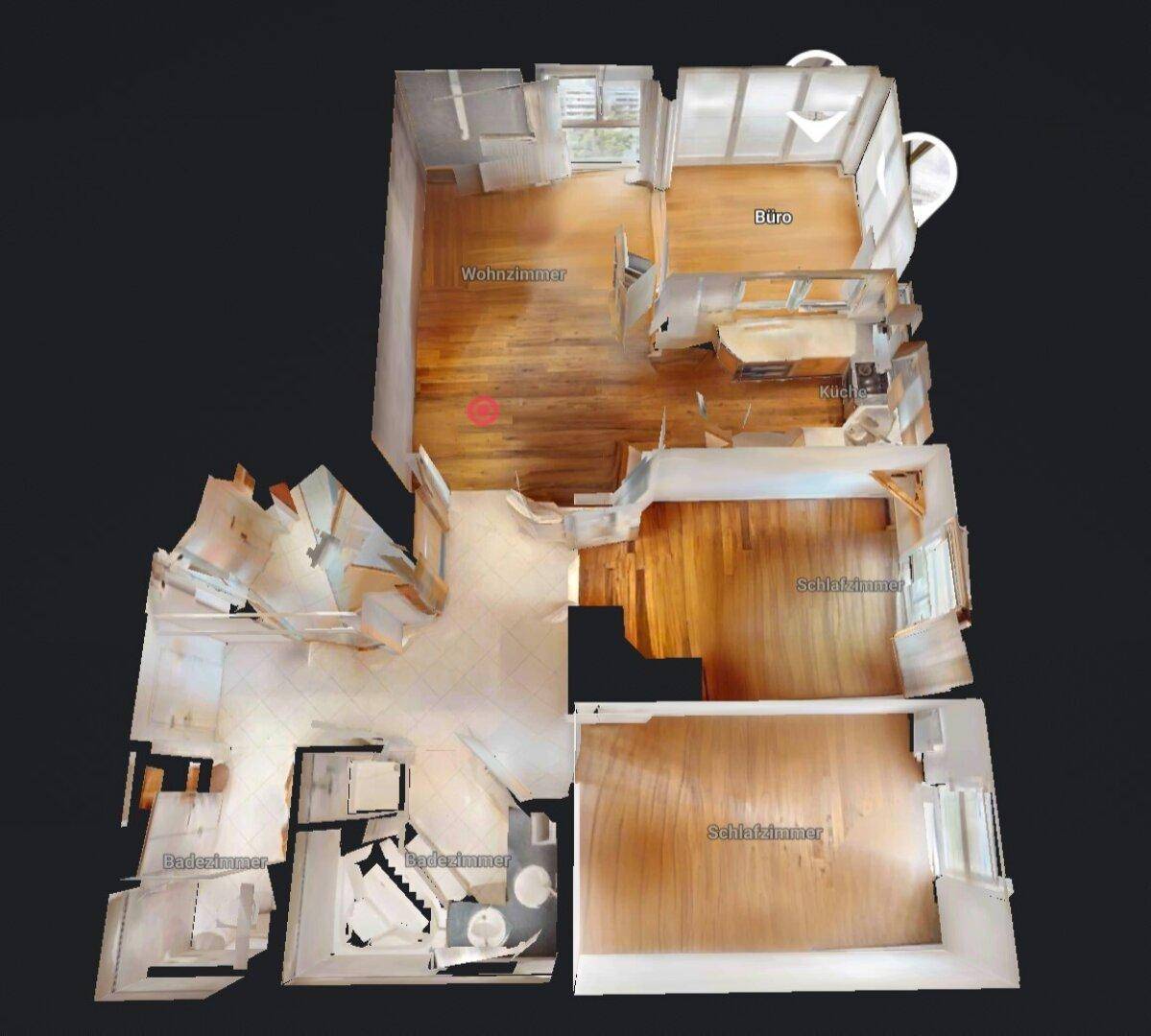 Dreidimensionaler Grundriss der Wohnung mit verschiedenen Räumen und deren Anordnung.