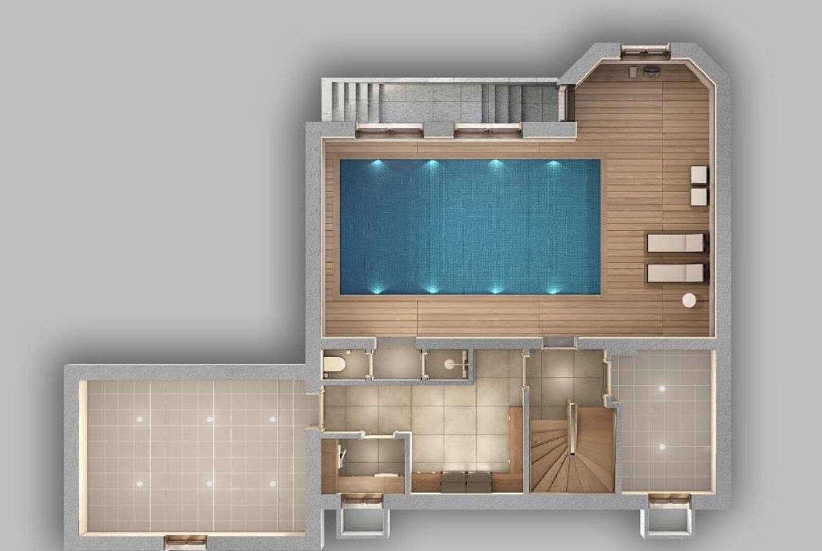Grundriss zeigt einen großzügigen Wellnessbereich mit Pool, Holzdeck, Liegeflächen und angrenzenden Terrassen.