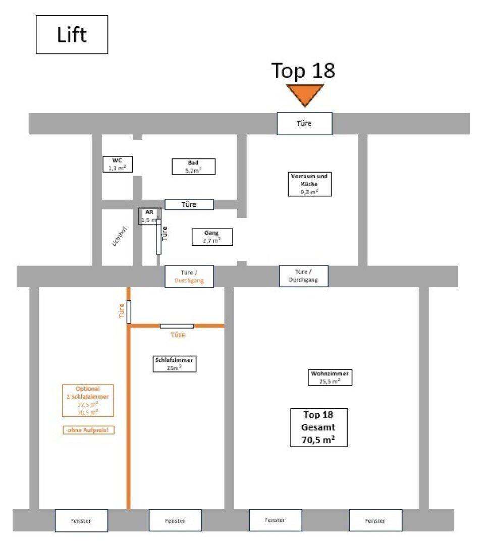 Grundriss der Wohnung Top 18 mit 70,5 m² und Aufzugszugang.