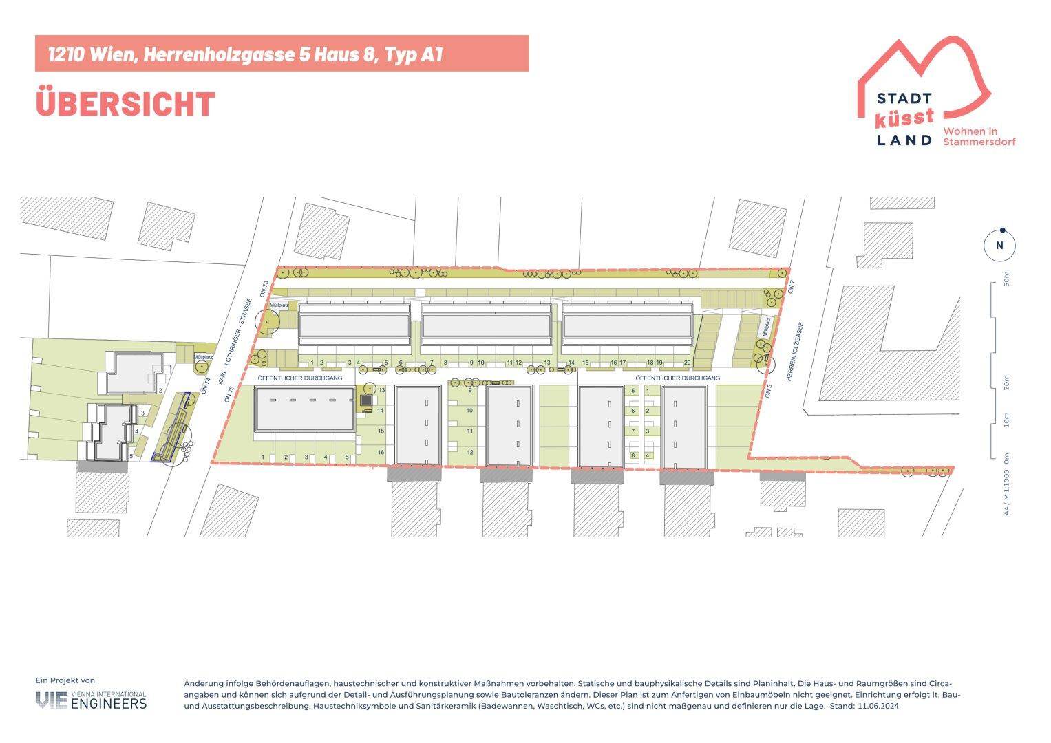 Übersichtsplan der Reihenhausanlage mit mehreren Gebäuden und Grünflächen.