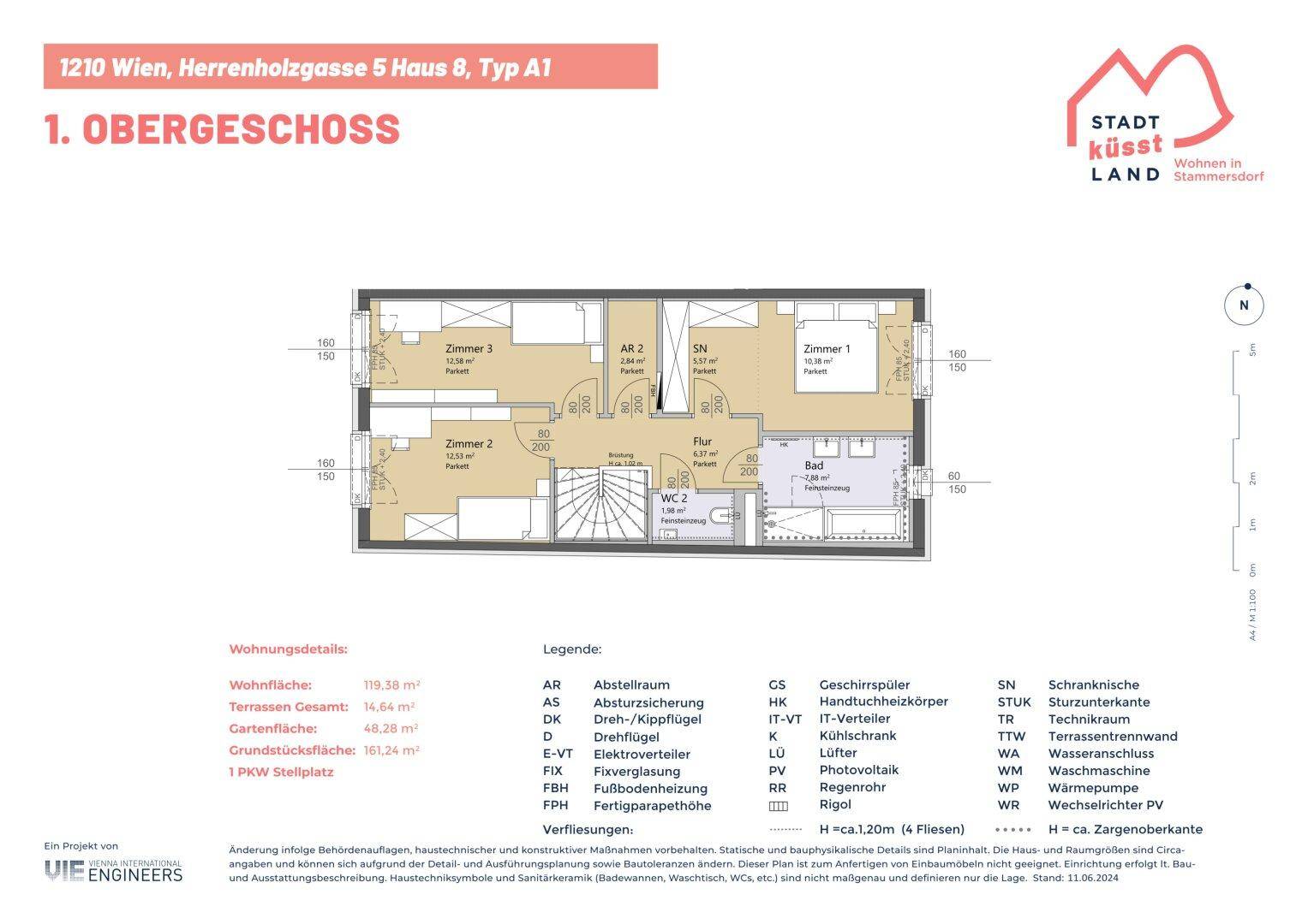 Grundriss des 1. Obergeschosses mit drei Zimmern und Badezimmer.