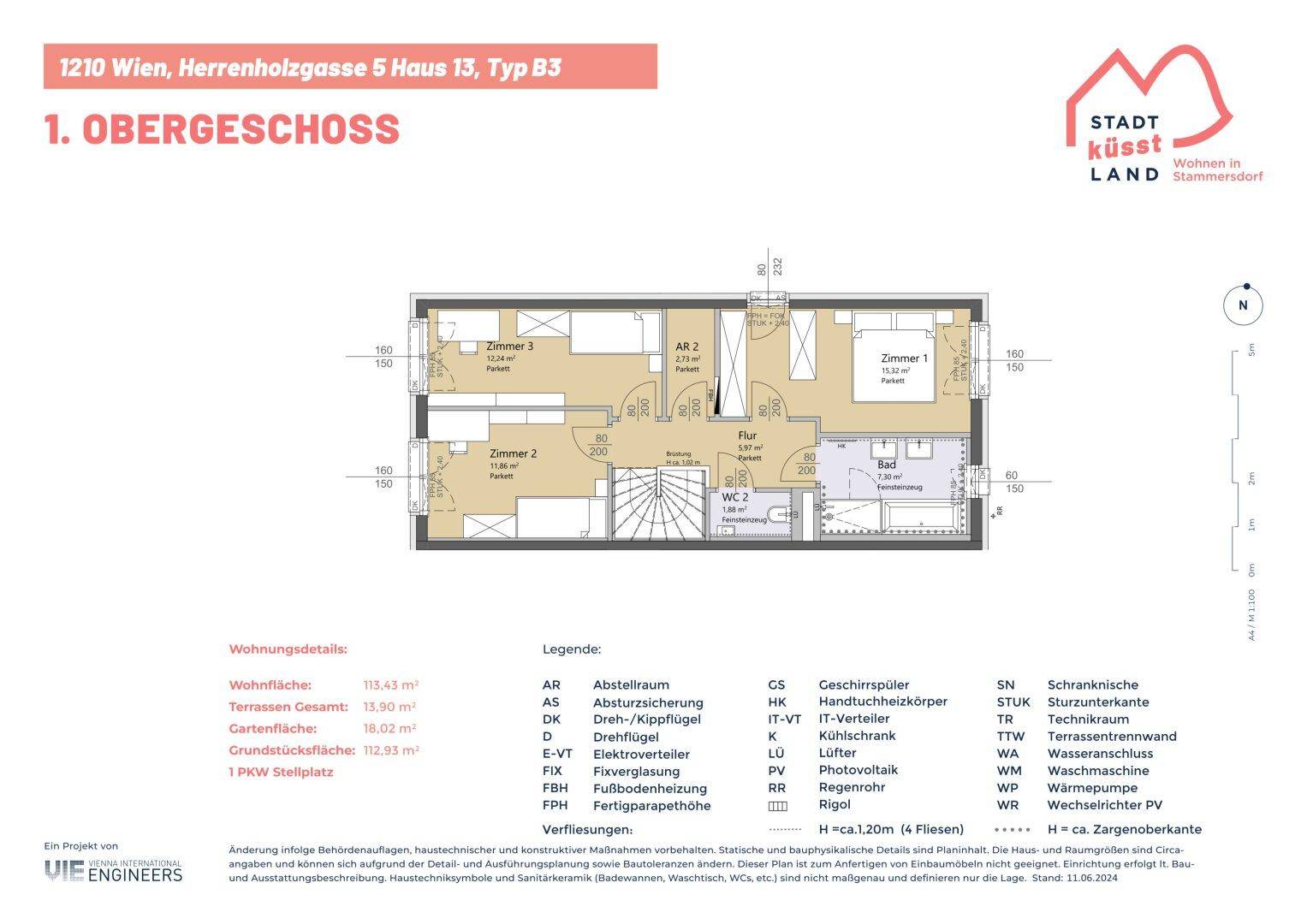 Grundriss des ersten Obergeschosses mit drei Schlafzimmern und Badezimmer.