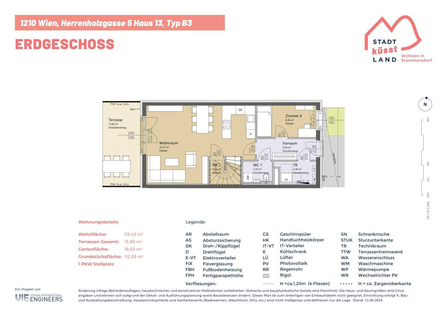 Detaillierter Grundriss des Erdgeschosses mit Wohnraum, Küche und Terrasse.