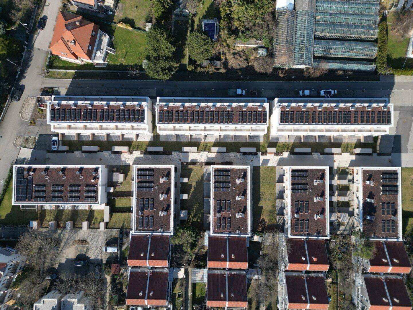 Luftaufnahme einer modernen Reihenhaussiedlung mit Photovoltaikanlagen auf den Dächern.