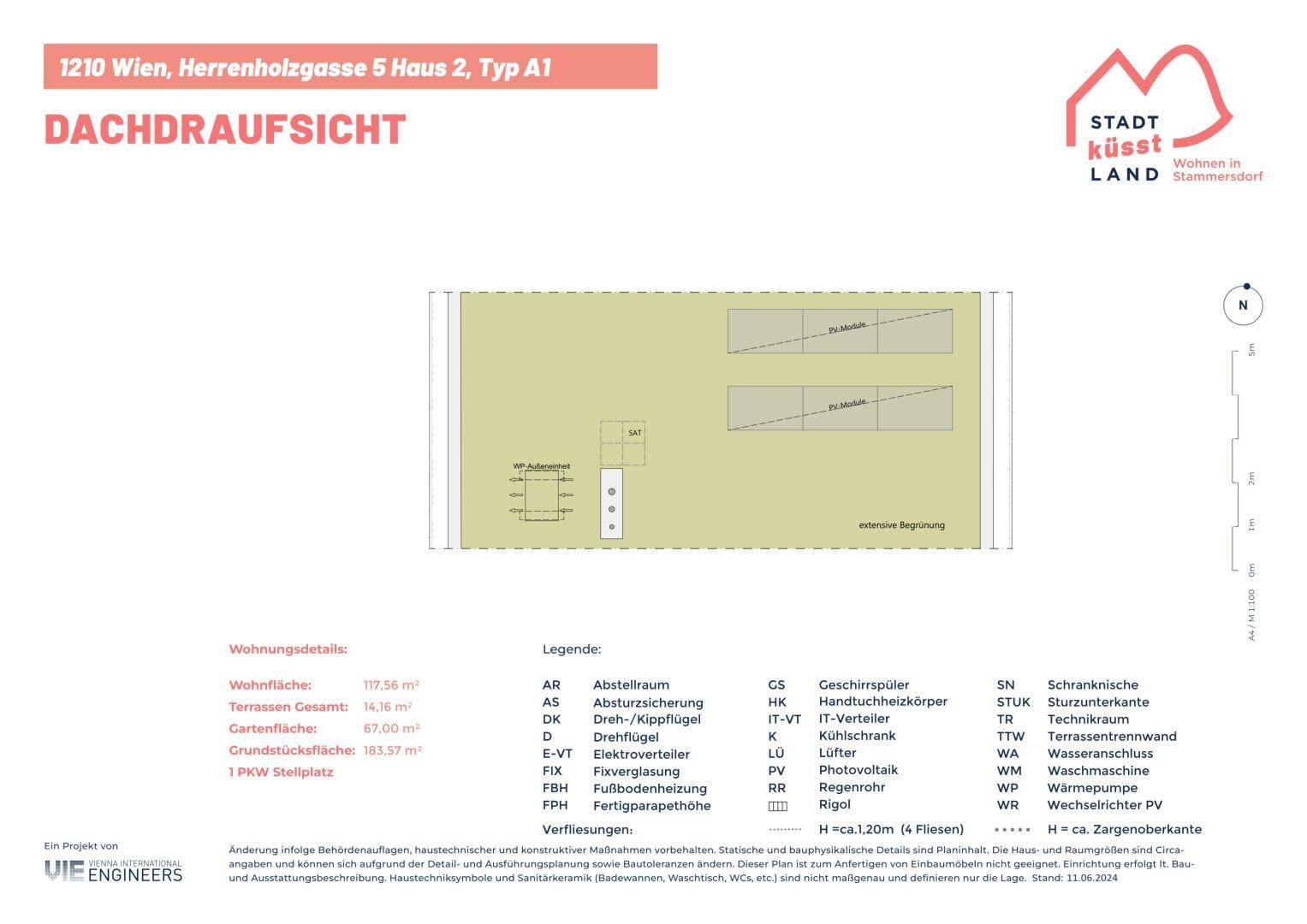 Dachdraufsicht des Hauses mit eingezeichneten Photovoltaik-Modulen auf dem Flachdach.